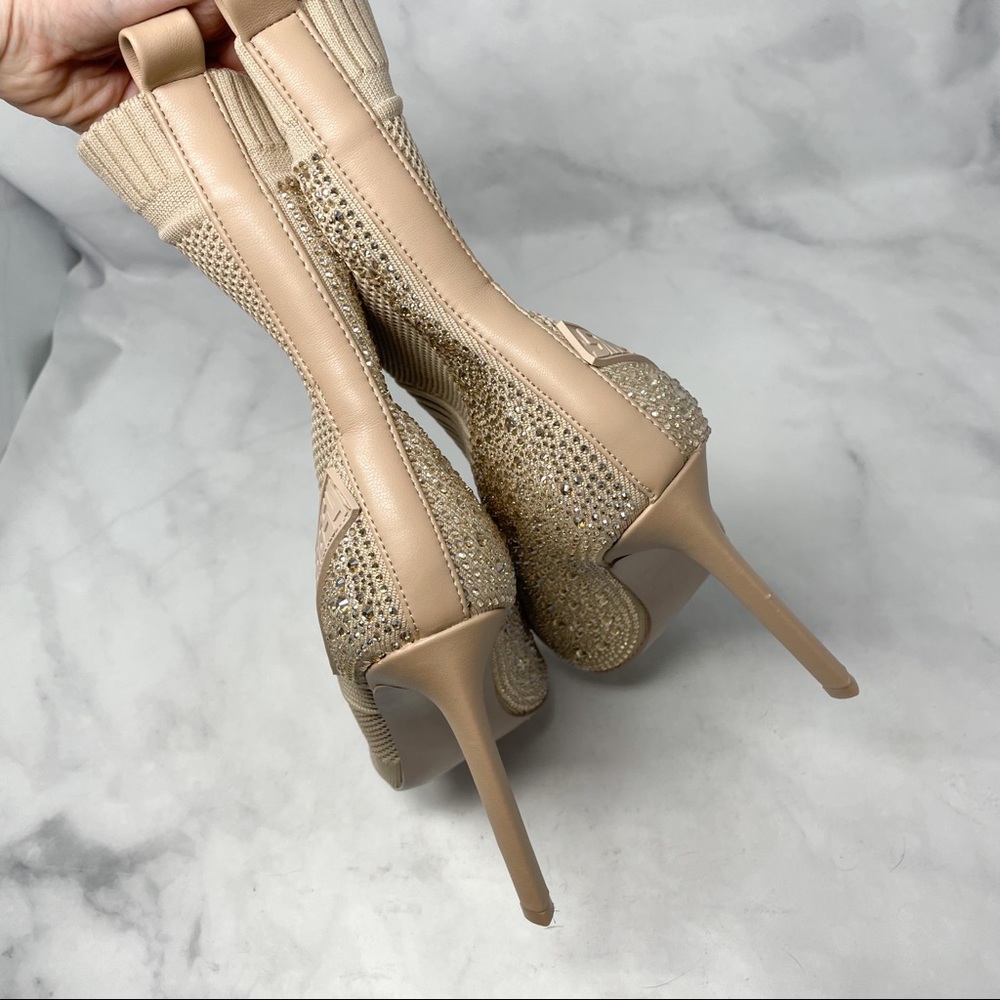 NEW Steve Madden Maxwelle Pointed Jeweled Bling Heeled Ankle Sock Booties Nude - Picture 8 of 11